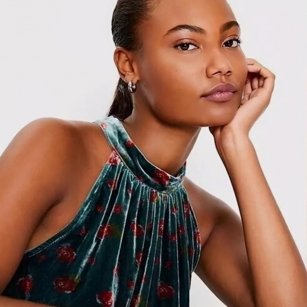 Floral Velvet Shirred Sleeveless Mock Neck Top